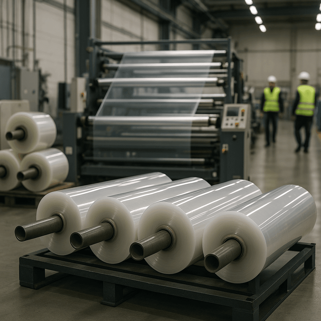 Industrial TPU PPF factory with clear master rolls and a converting line showing real film production, not simple relabeling.