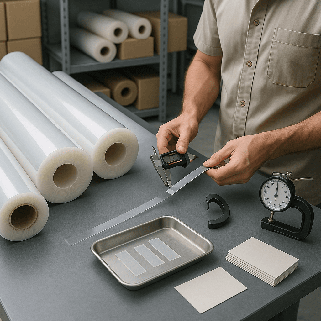 Photorealistic scene of a PPF factory QA table with clear TPU rolls being measured, with blank label cards off to the side.