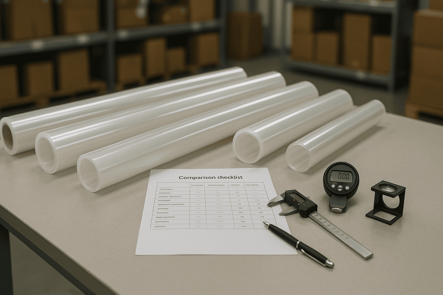 Unbranded clear PPF rolls on an industrial worktable around a blurred spec checklist grid with measuring tools for comparing manufacturers.