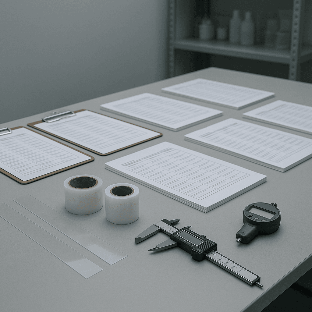 Multiple identical PPF spec checklists laid out on a worktable with unbranded film samples and measuring tools, ready to compare different manufacturers on the same criteria.