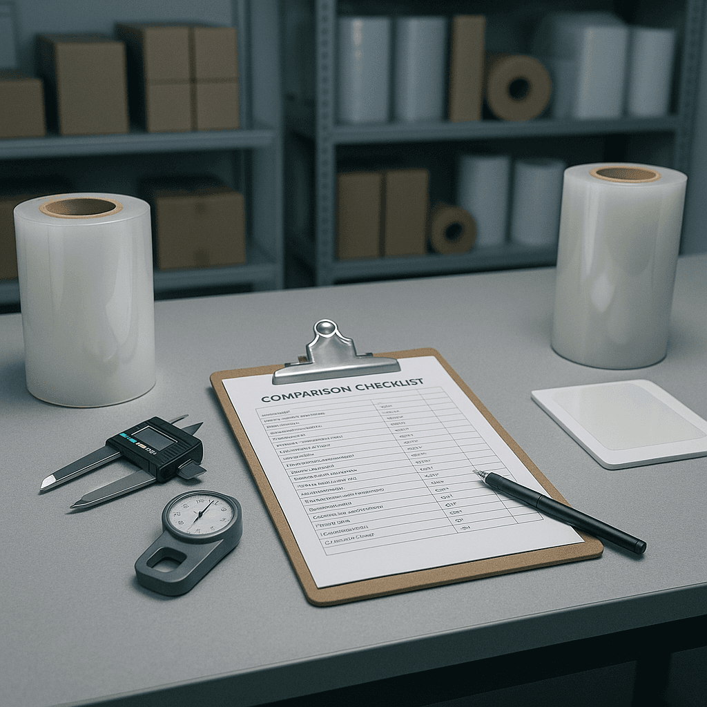 Neutral PPF comparison checklist on a desk with clear film rolls and measuring tools arranged for evaluating different manufacturers.