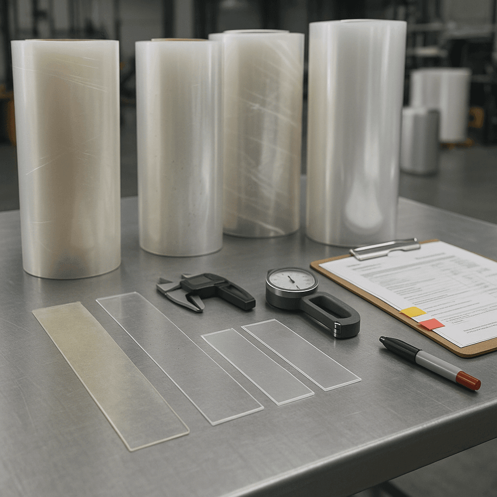 Industrial QC station with defective PPF samples and imperfect rolls laid out in a methodical inspection process.