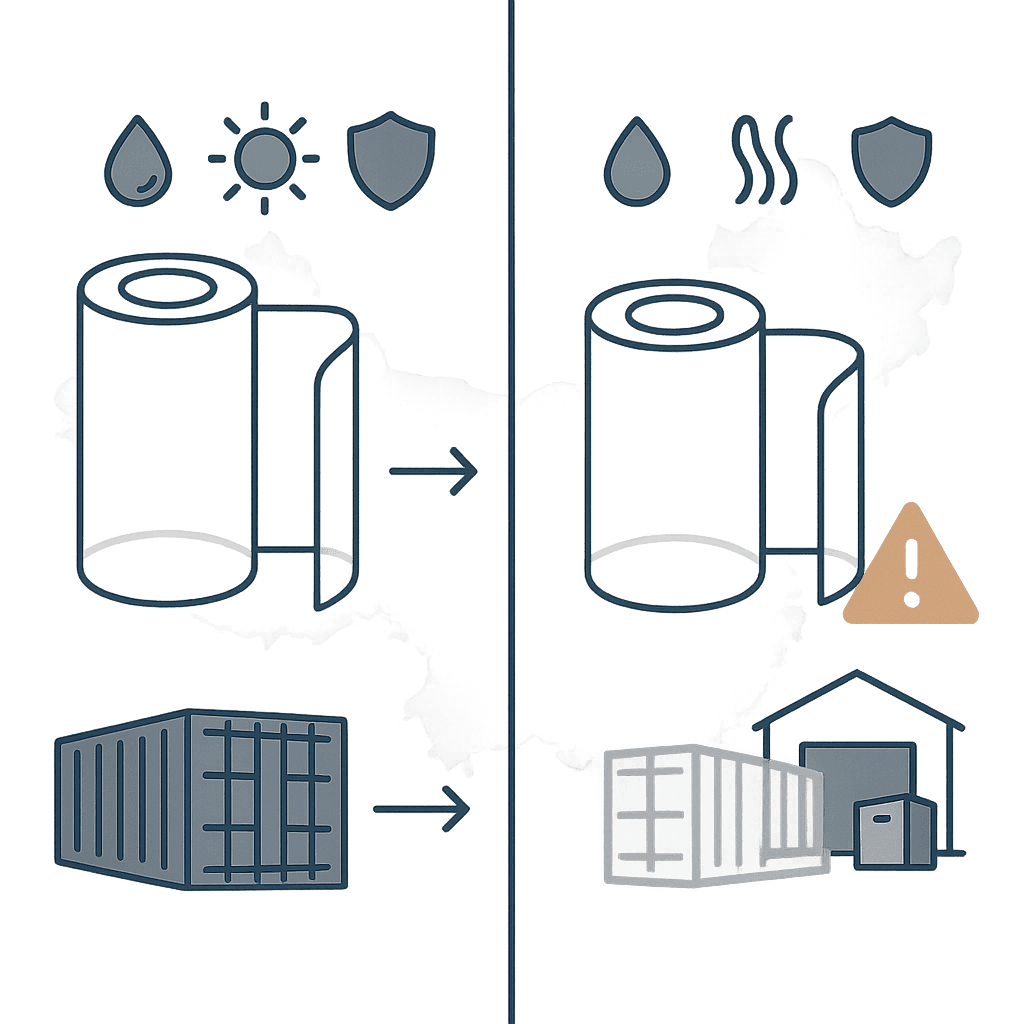 Vertical split infographic comparing stable, test-consistent Chinese TPU PPF suitable for wholesale scaling on the left with visually inconsistent, higher-risk film not ready for container orders on the right, both over the same neutral China outline.