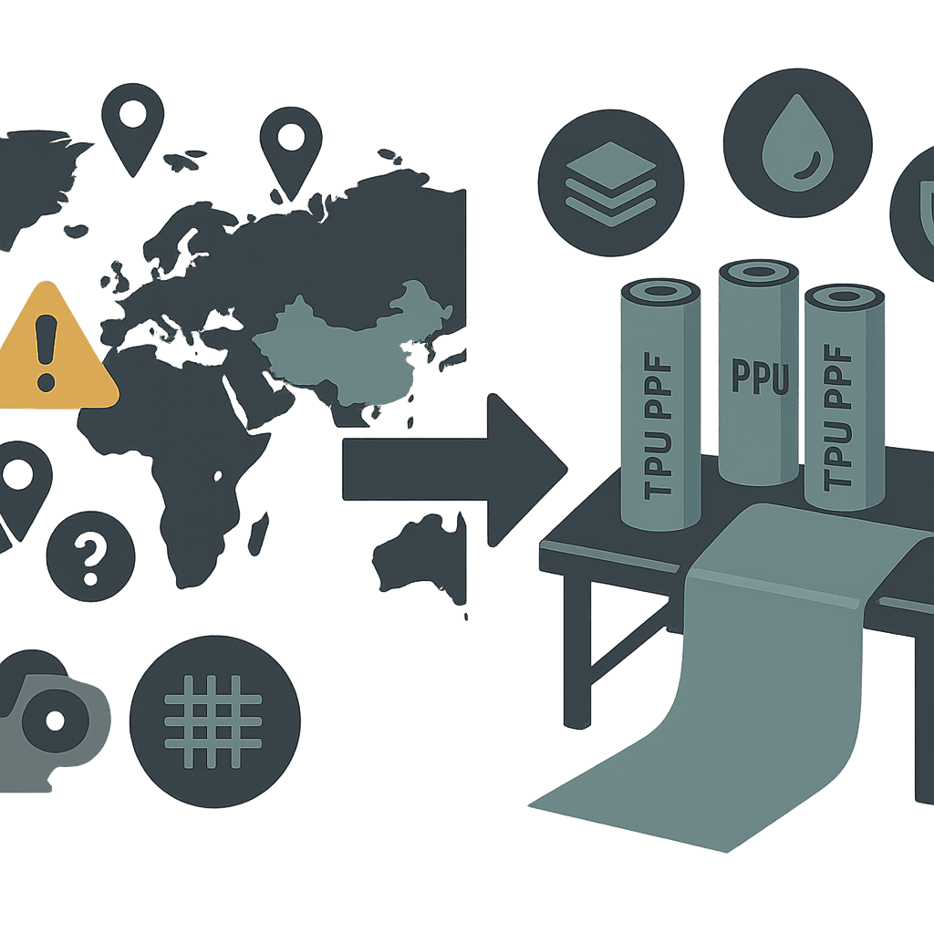 Two-part infographic comparing origin-based judgment of Chinese TPU PPF on a world map with film-focused quality checks on TPU PPF rolls and sheet samples, emphasizing testing over country of origin for wholesale decisions.