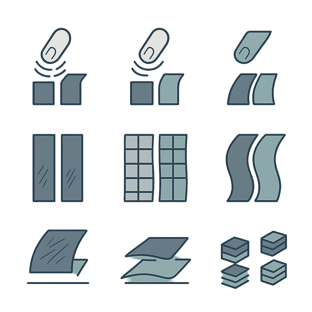 Six-tile icon grid showing side‑by‑side mainstream versus premium PPF sample strips, visualizing testable traits like slip, clarity, stretch, self-healing, adhesive behavior, and batch consistency without any text.